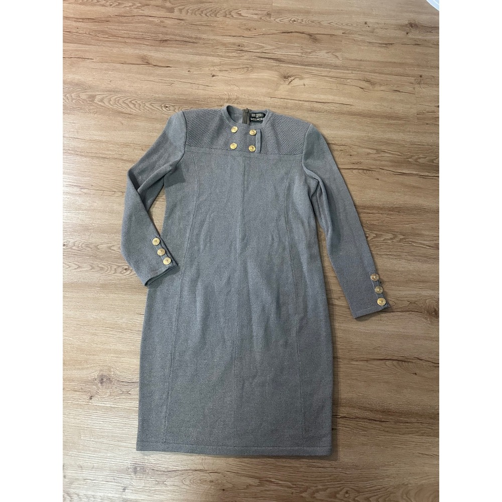Vintage Don Sayres Wellmore Knit Dress Size 6 Gray Gold Button Made USA 80s